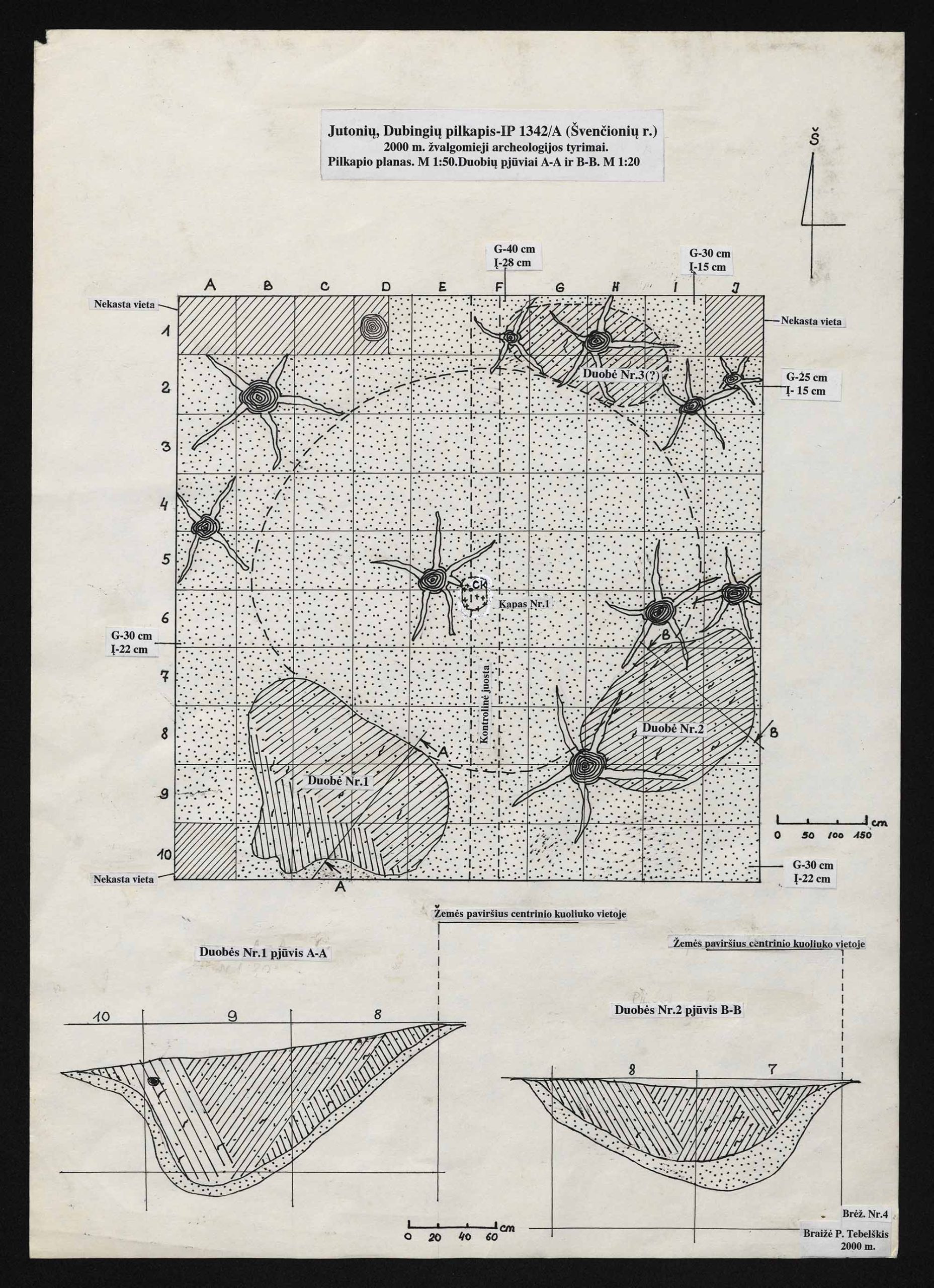 Jutonių, Dubingių pilkapis IP 1342/A. 2000 m. žvalgomieji archeologiniai tyrimai. Pilkapio planas. Duobių pjūviai 