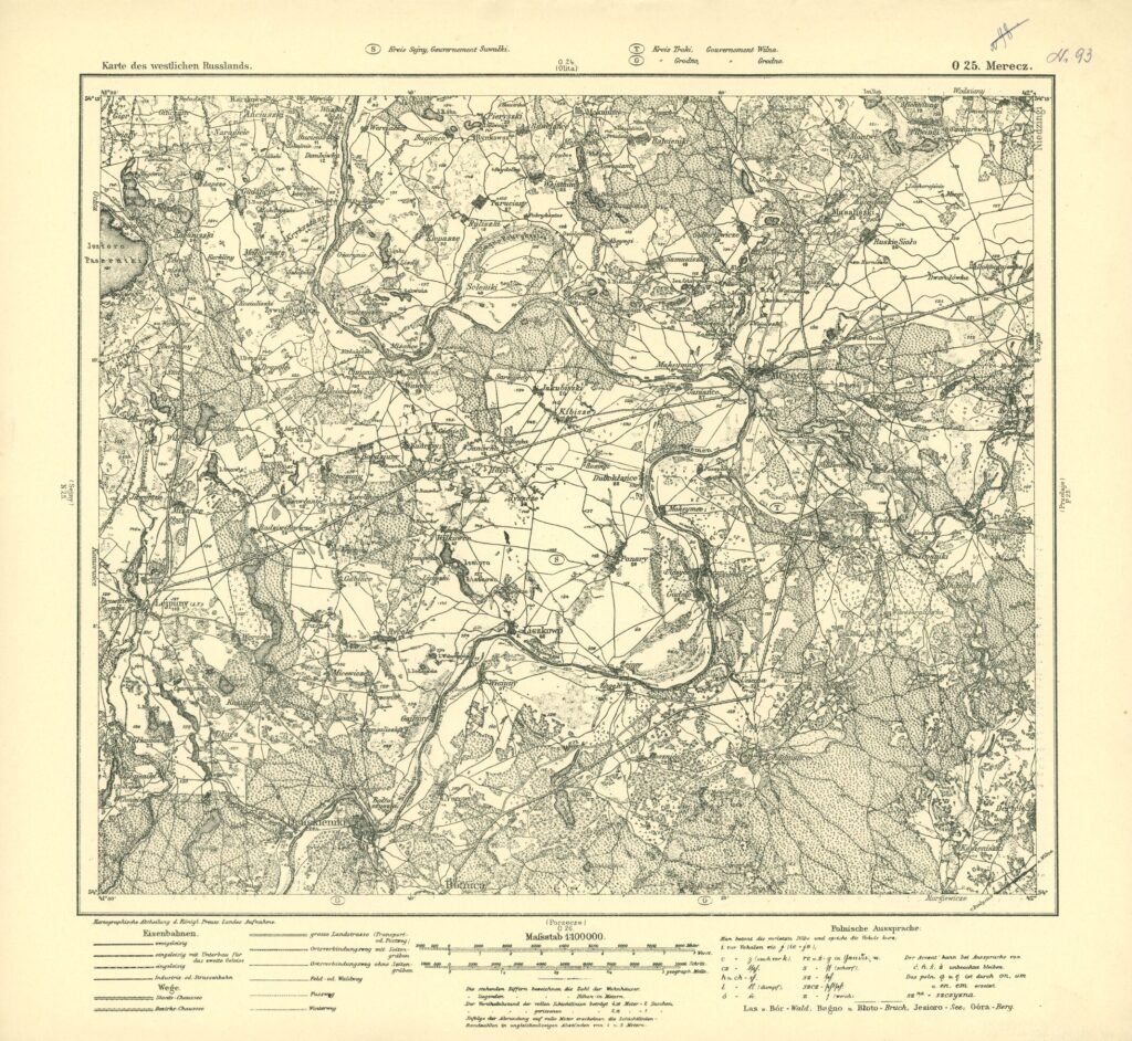 Žemėlapis(vokiečių kalba) „Merecz(Merkinė)“. Vakarų Rusijos žemėlapis. Išleido Karališkos Prūsijos žemėtvarkos skyrius. Mastelis 1 : 100000.