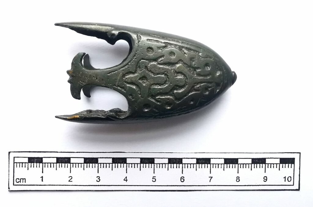 Kalavijo makšties galo apkalas surastas Apuolės kapinyne archeologinių tyrimų metu 2001 metais