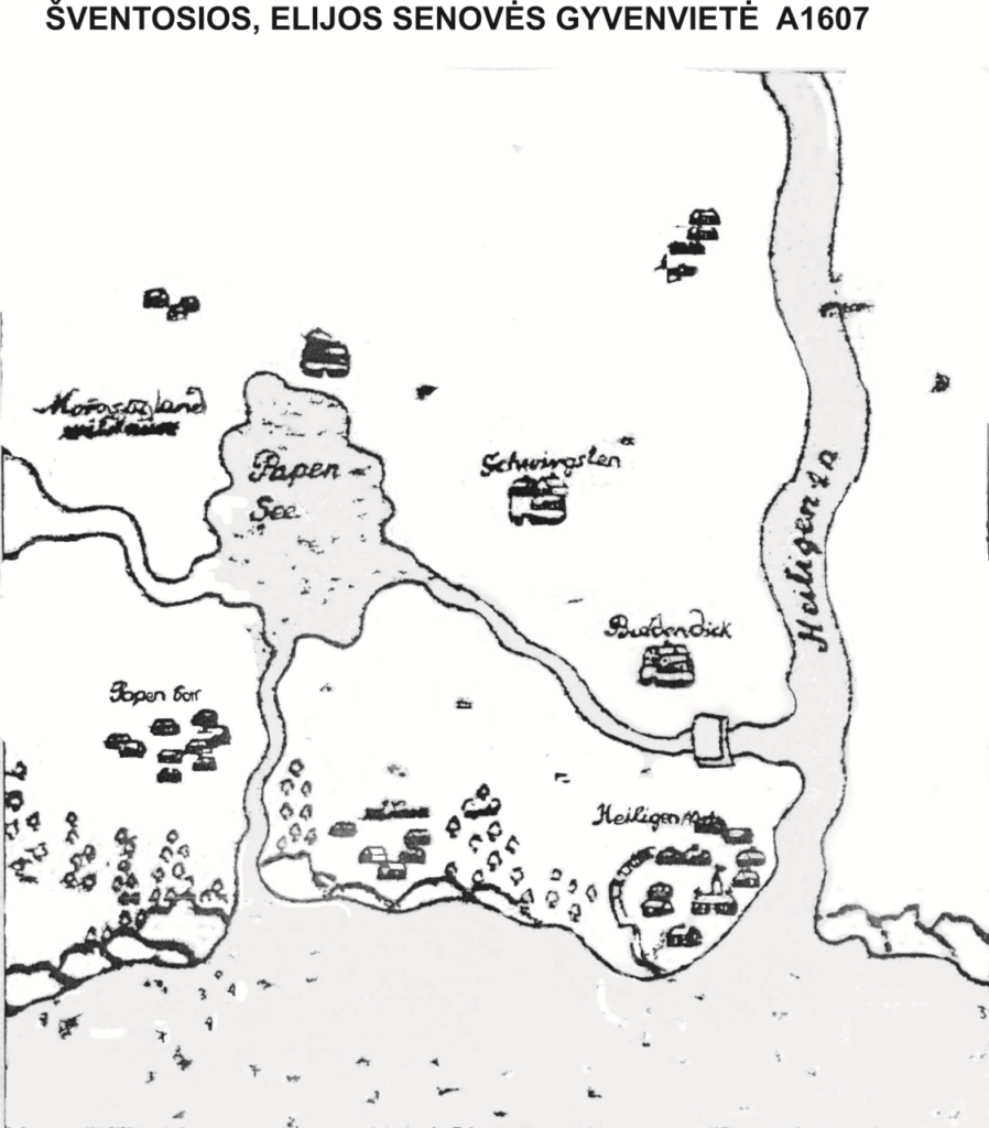 Šventosios, tuomet vadintos Elija, apylinkių fragmentas iš olando Adriano navigacinio žemėlapio, nubraižyto apie 1637 metus