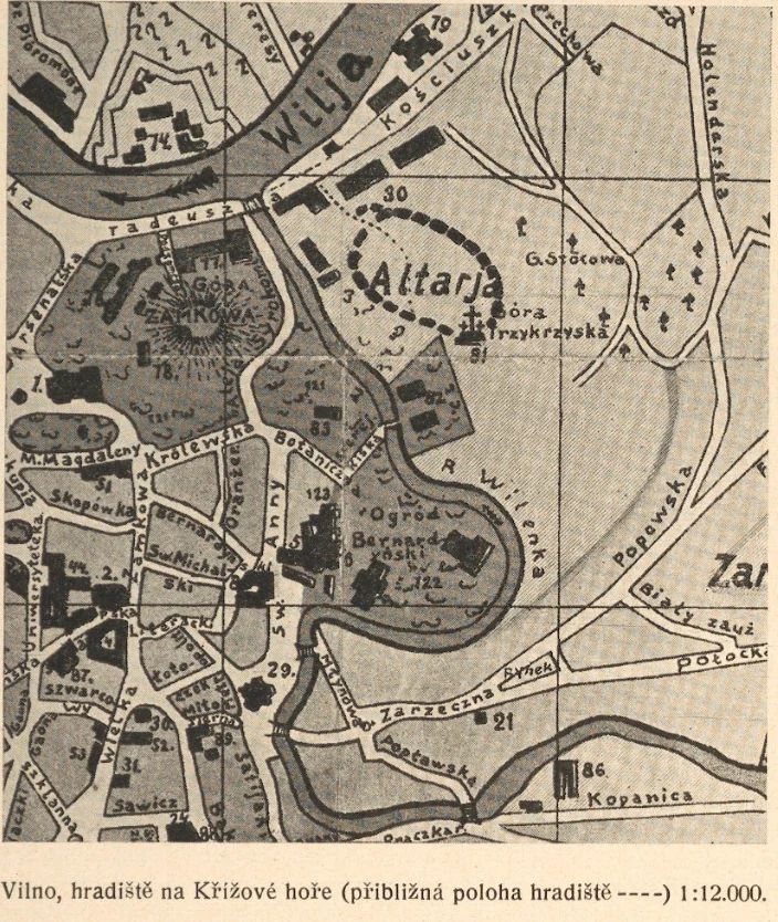 Vilnius, piliakalnis Kryžiaus kalne (apytikslė piliakalnio vieta pažymėta punktyru).